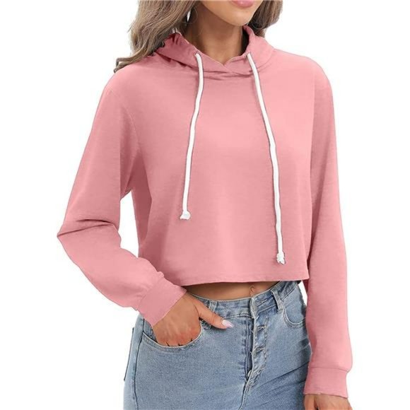 Womens Casual Drawstring Zip Up Hoodie Cute Workout Crop Top - Picture 2 of 6